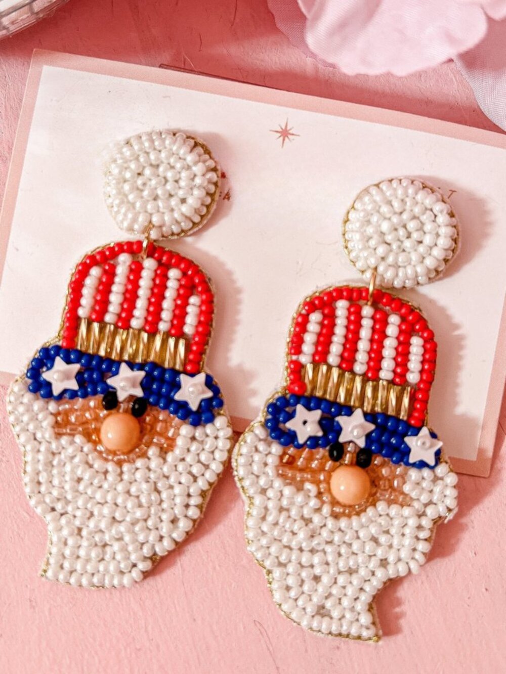 Uncle Sam 4th of July Patriotic American Flag Seed Bead Drop Earrings NEW